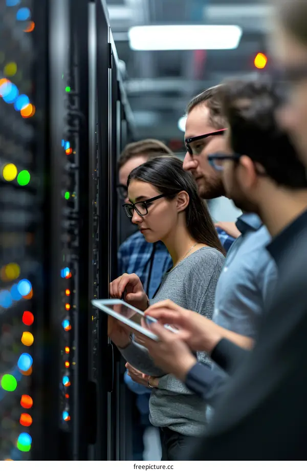 A group of four IT specialists are working on a server in a data center.