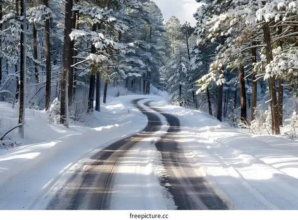 Snowy Winter Road through the Forest