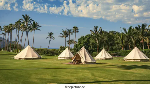 Palm trees and luxury camping tents on a green field near the ocean