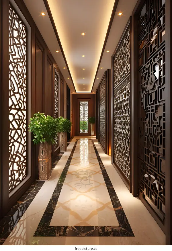 Elegant hallway with wooden screens