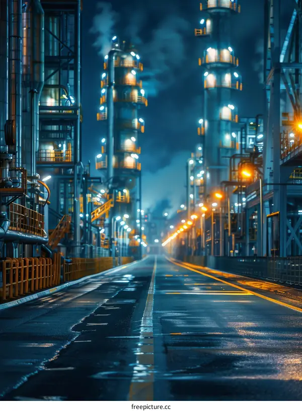 An empty road in an industrial area at night with a factory in the background