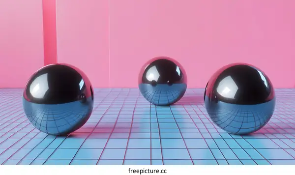 Three Black Spheres on a Pink and Blue Grid Background