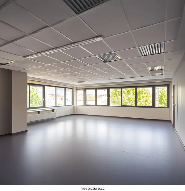 Empty Office Room With Windows And Suspended Ceiling