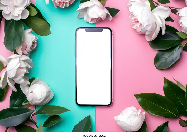 Flat Lay of Smartphone with White Flowers on Pastel Pink and Green Background