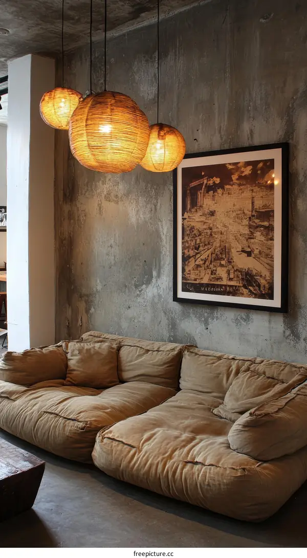 Modern Industrial Style Sofa with Pendant Lamps