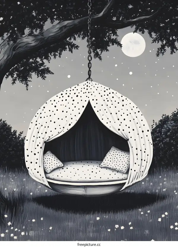 Black and White Illustration of a Swinging Bed Under a Tree at Night