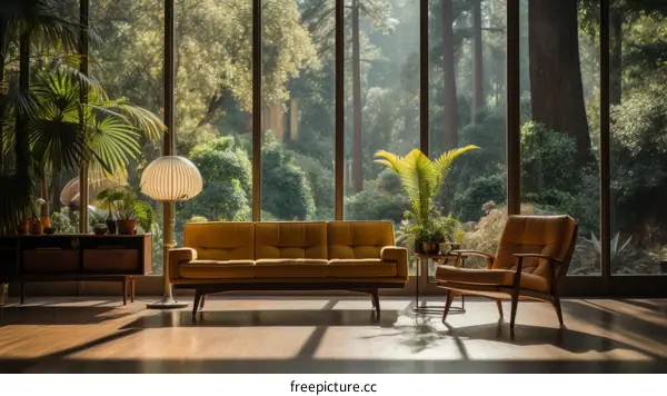 Mid-Century Modern Living Room with Forest View