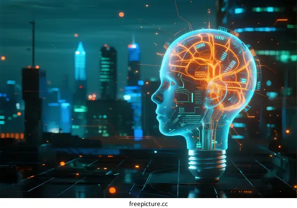 Futuristic Lightbulb with Human Brain Circuitry in Urban Night