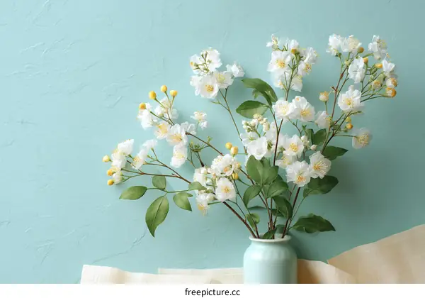 Delicate White Flowers in a Vase Against a Light Teal Background