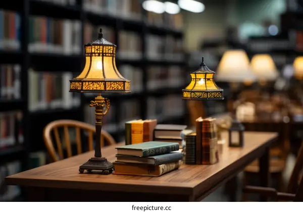 Ornate Lamps Adorn Library Reading Table