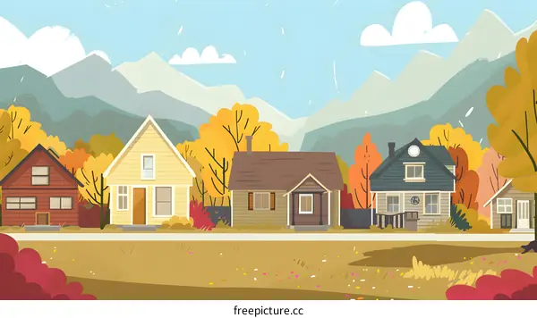 Autumn Landscape with Colorful Houses and Mountains