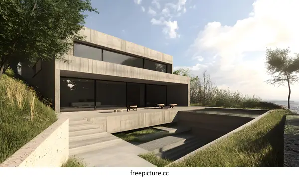 Modern Concrete House with Swimming Pool and Landscape