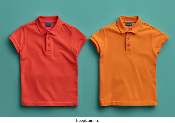 Two orange polo shirts on a blue background