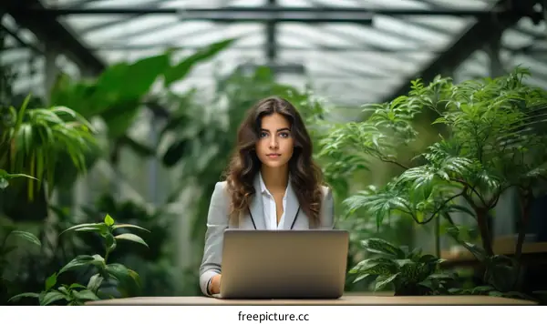 A woman is working on her laptop in a greenhouse.