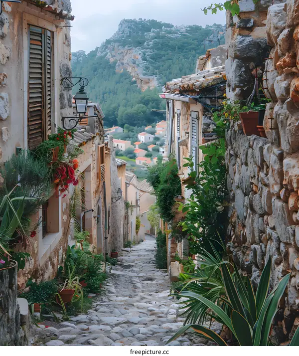 Narrow cobbled street with stone houses and colorful flowers in pots