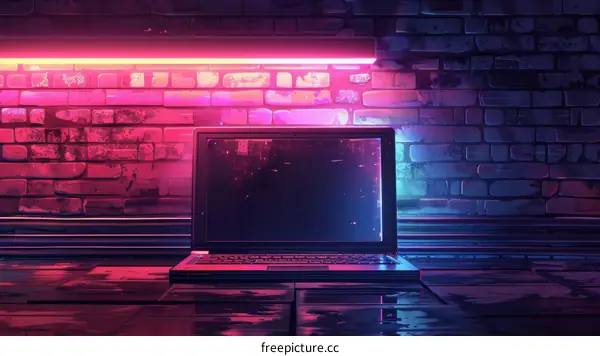 Laptop in a dark room with brick wall and neon lights