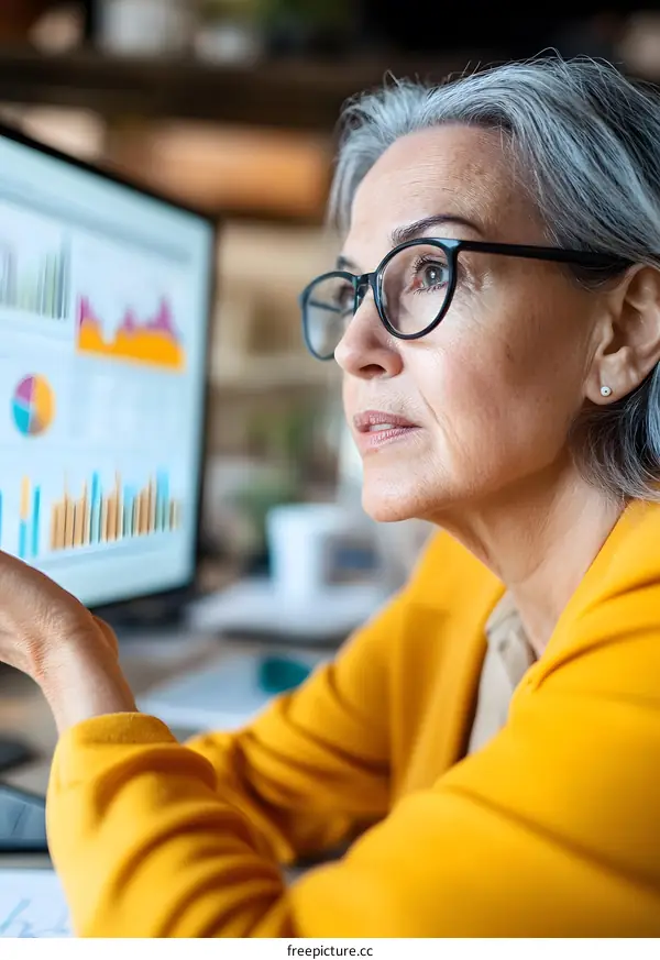 Senior Businesswoman Looking at Computer Screen with Data