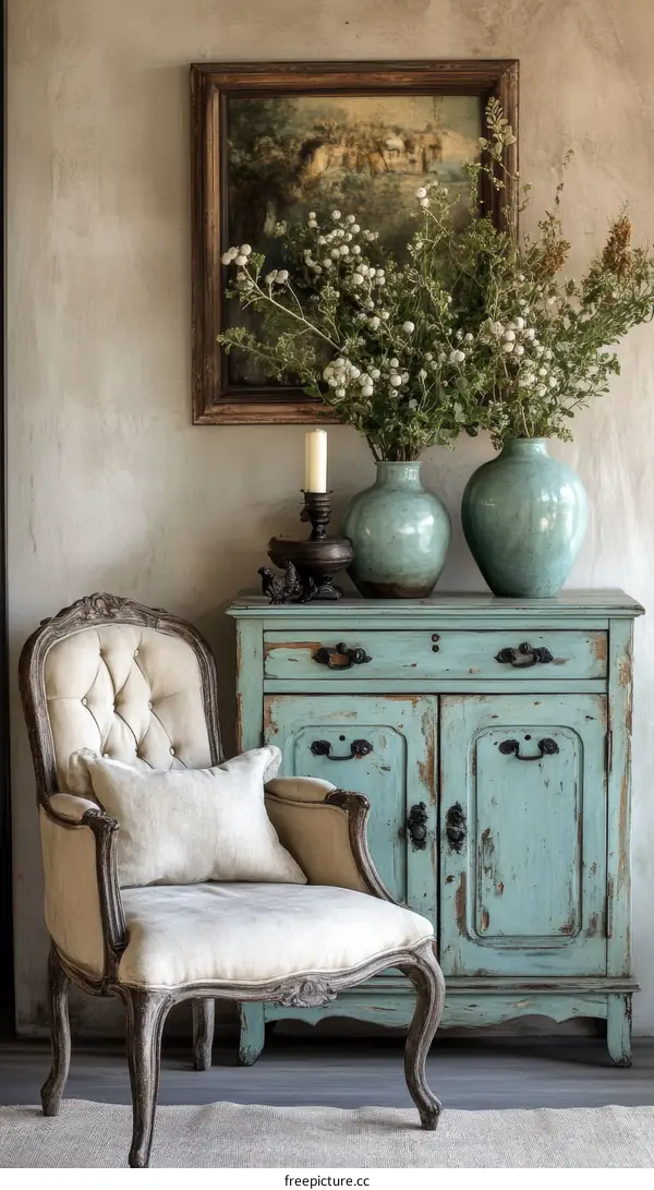 Vintage Living Room with Light Blue Furniture and Floral Decoration
