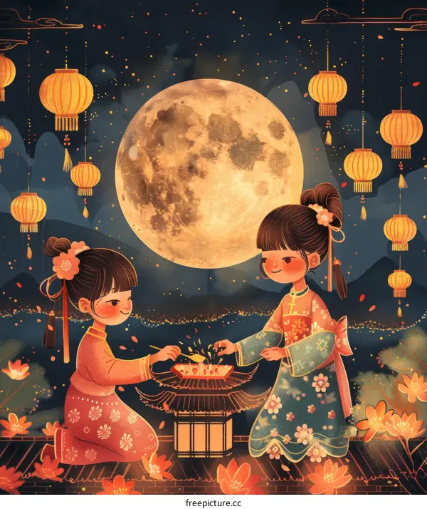 Two Chinese Girls Lighting Fireworks under the Moon at Lantern Festival