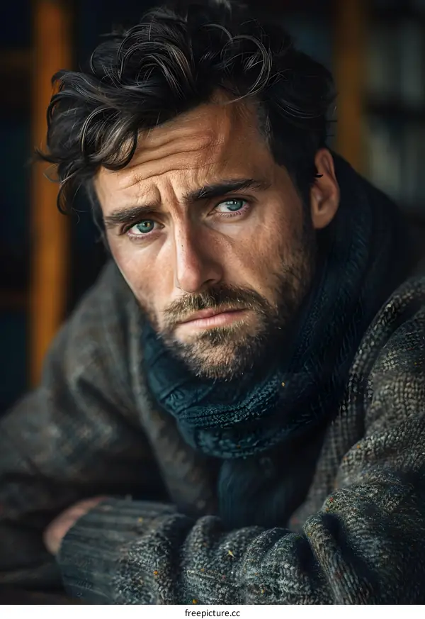 Portrait of a handsome man with curly hair and blue eyes