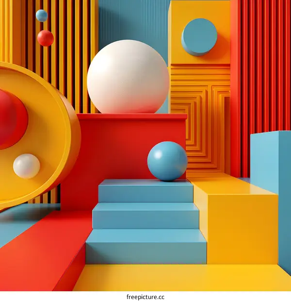 Abstract 3D Geometric Shapes with Blue, Yellow, Red, and White Colors