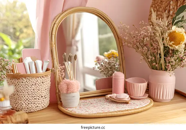 Pink and Brown Vanity Table Decor with Mirror and Flowers