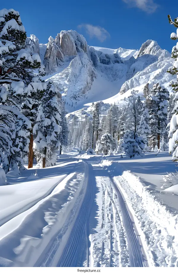 Snowy Mountain Path with Pine Trees