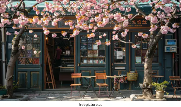 A beautiful coffee shop with pink flowers outside