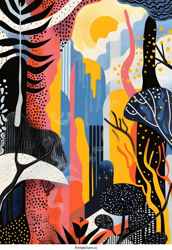 Abstract Nature Illustration with Vivid Colors and Geometric Shapes