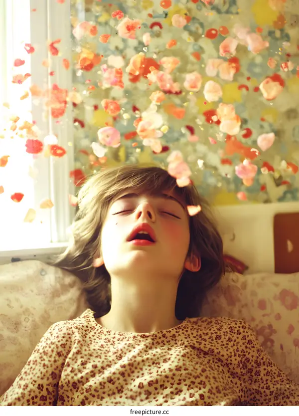 Girl With Closed Eyes Blowing on Colorful Flower Petals