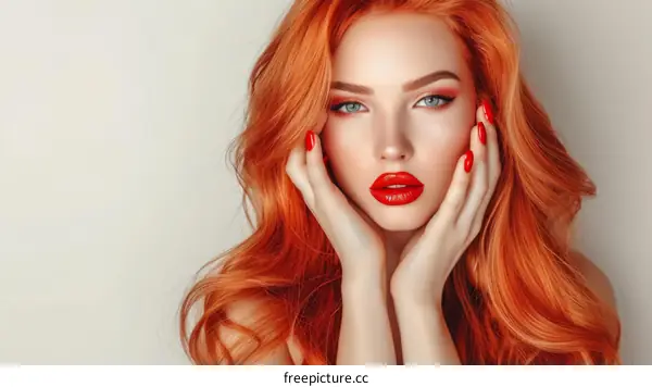 Redhead woman with perfect skin and bright red lips