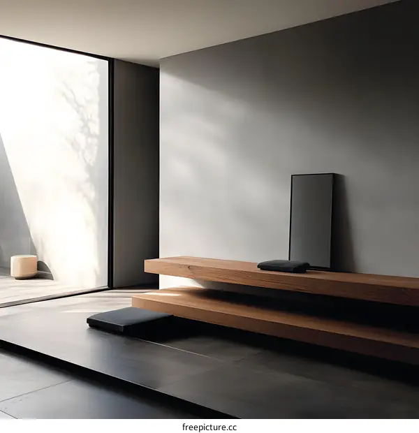 Modern Minimalist Interior Design With Wooden Shelves and Black Mirror