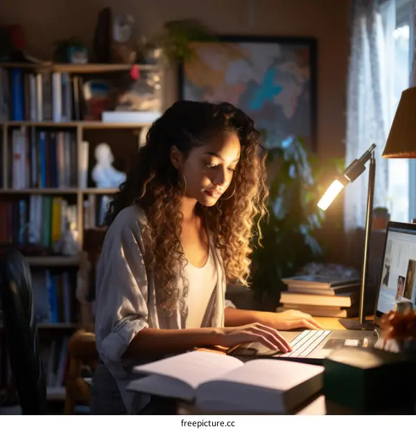 Young woman of color studying in a home library.