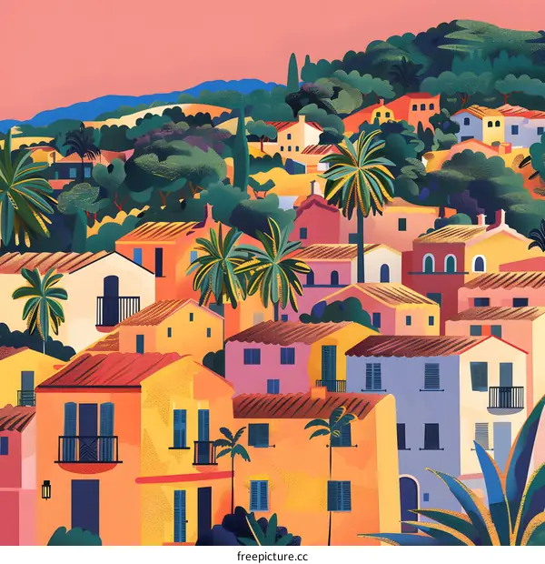 Colorful Houses in a Tropical Village Illustration