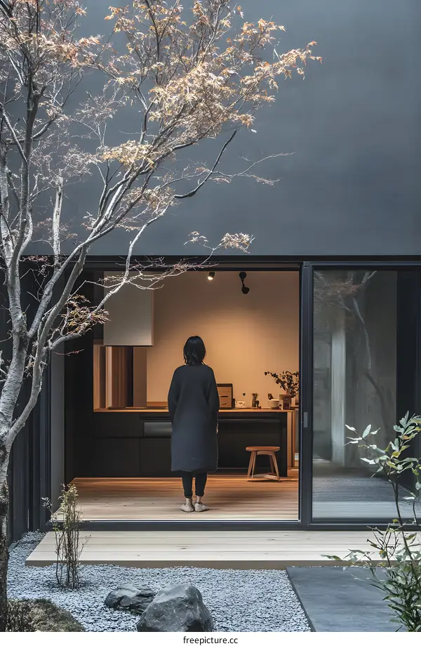 Modern Japanese Minimalist Home with Woman Standing In Front of Sliding Glass Door