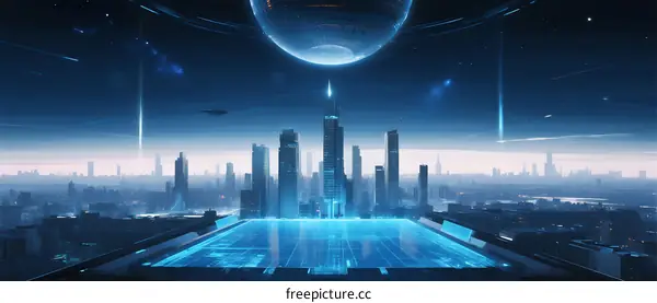 Futuristic Cityscape with Holographic Elements and Advanced Technology