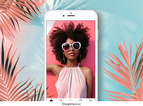 African American Woman Wearing Sunglasses Inside Phone Screen With Tropical Palm Leaves Background