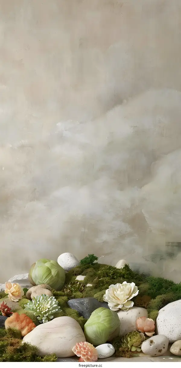 Abstract Nature Background with Stones Moss and Flowers