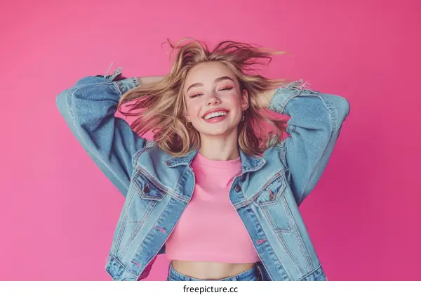 Happy Caucasian Woman in Denim Jacket and Pink Top