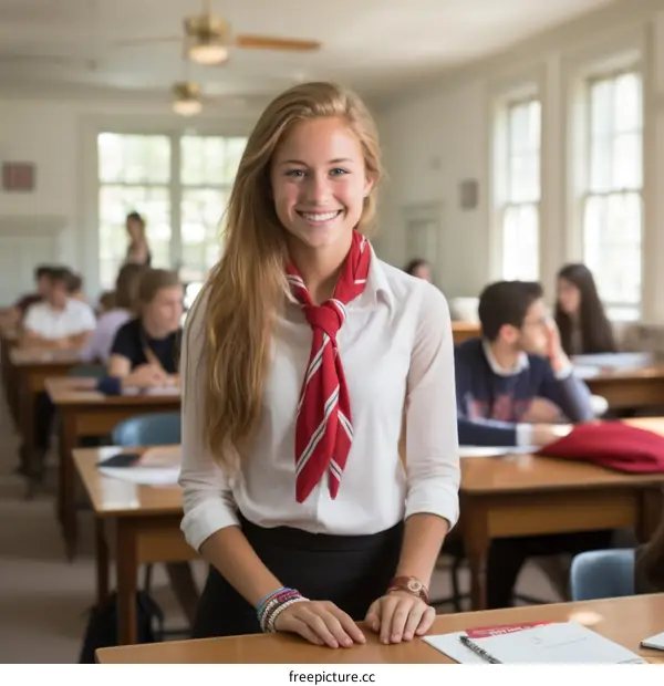 Portrait of a smiling blonde female student in a classroom