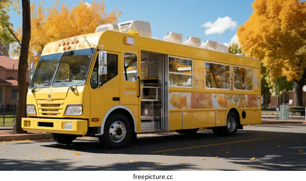 A yellow food truck is parked on a street with yellow trees in the fall