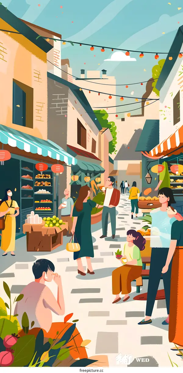 Busy Street Market Illustration