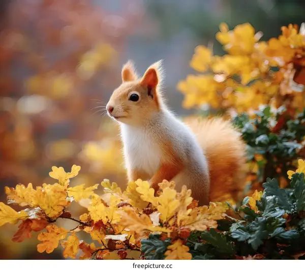 Autumn Squirrel on Branch with Golden Leaves