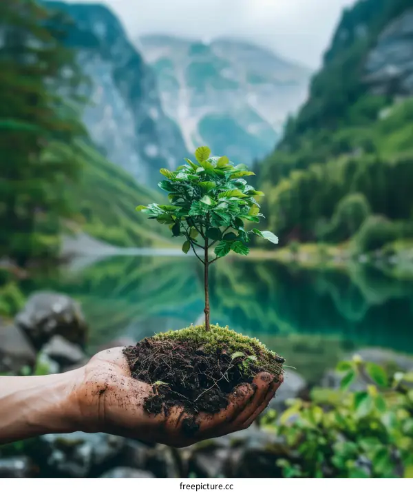 A hand holding a small tree with green leaves over a lake and mountains in the background