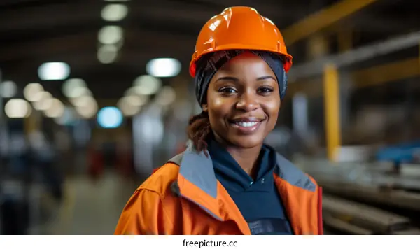 Portrait of a smiling African-American woman wearing an orange hard hat in a warehouse.