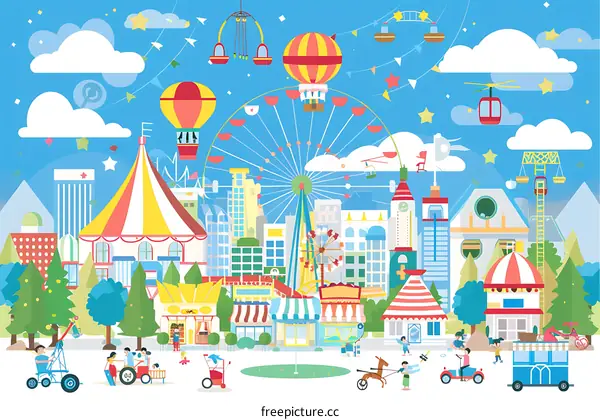 Cartoon Illustration of an Amusement Park with Buildings, Rides, and People