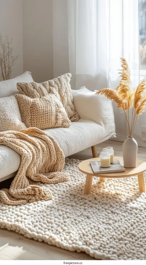 Beige Knitted Rug in Modern Living Room