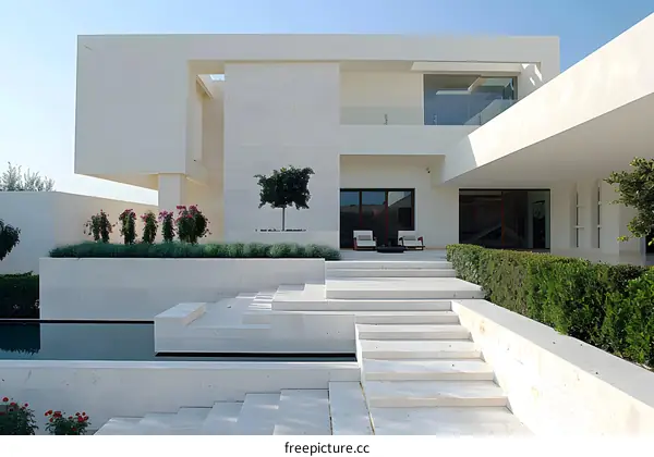 Modern White House with Pool and Stone Steps