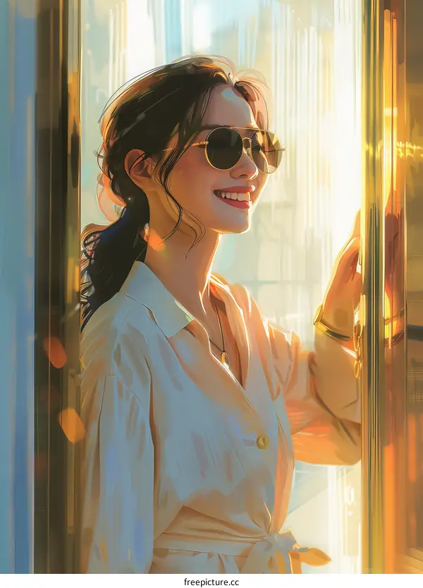 An illustration of a young woman smiling and looking through a door.