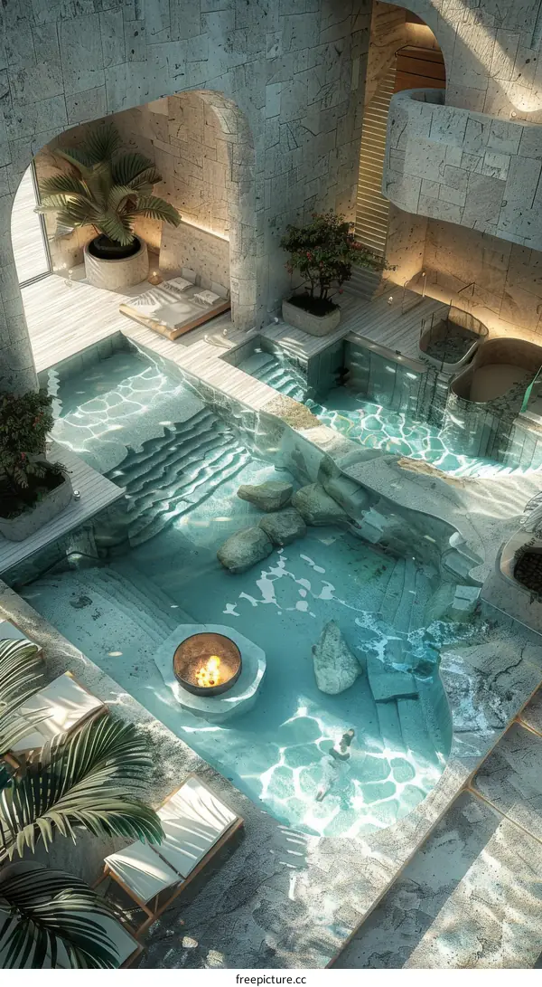 A courtyard pool bathed in natural light
